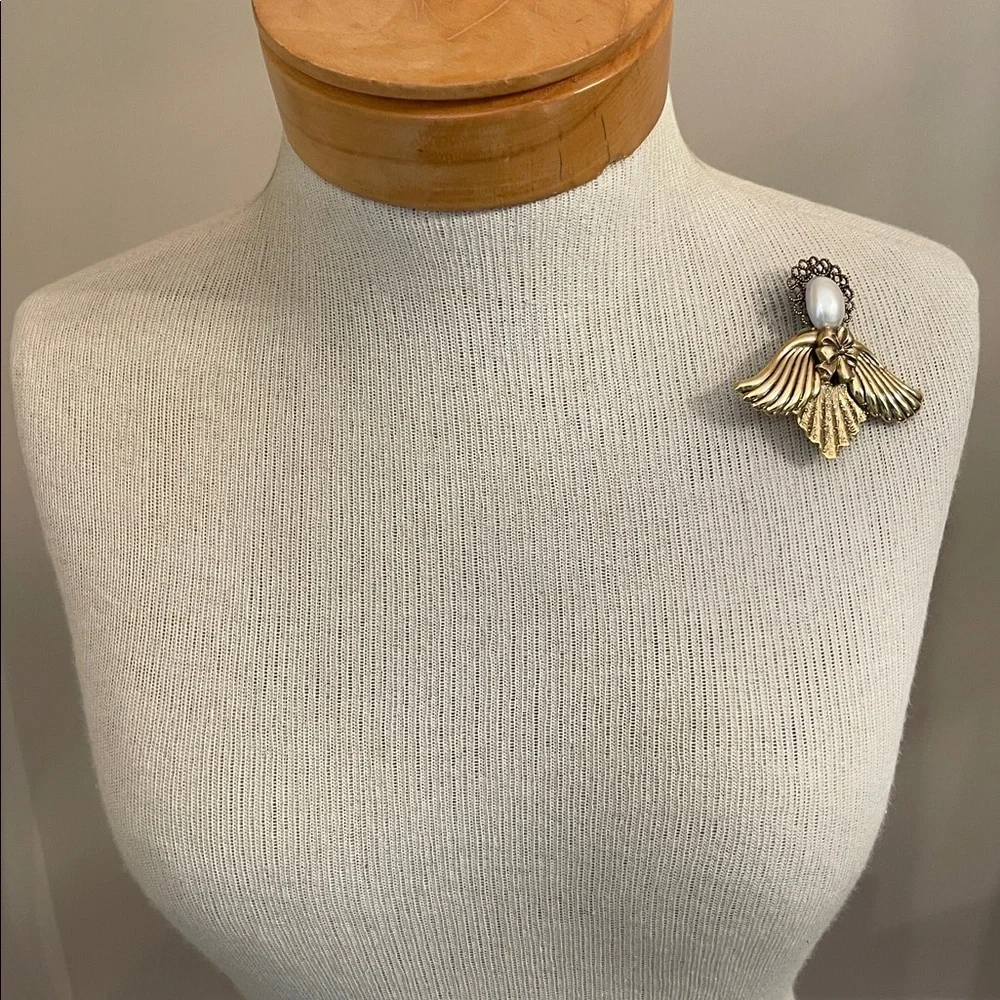 Vintage Gold-tone Angel Wing Brooch with Pearl Accent